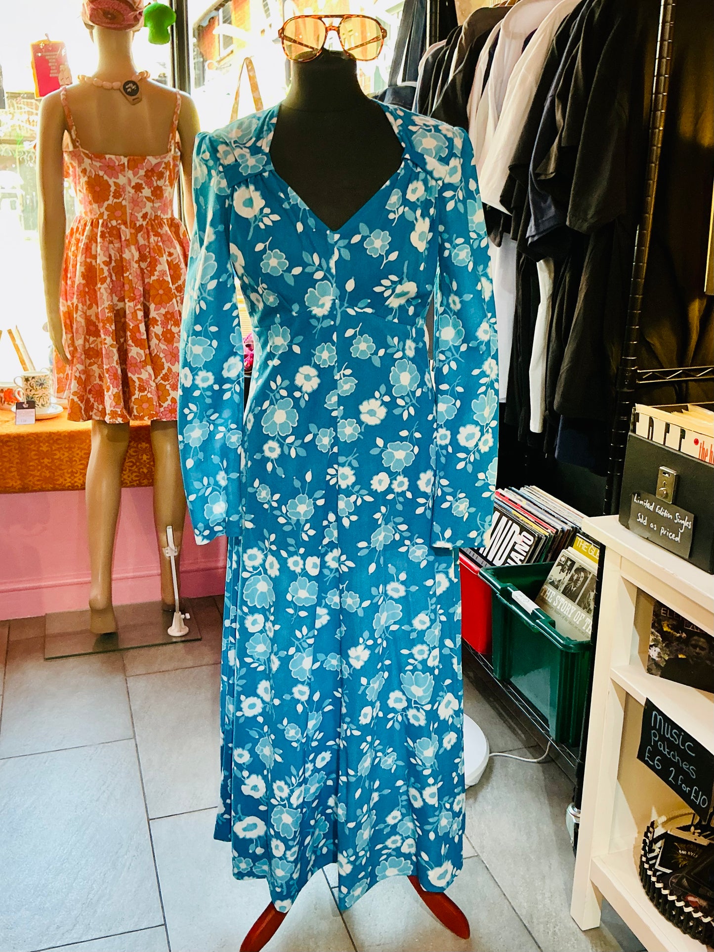 1970s Vintage Blue Floral Devonshire Lady Maxi Dress