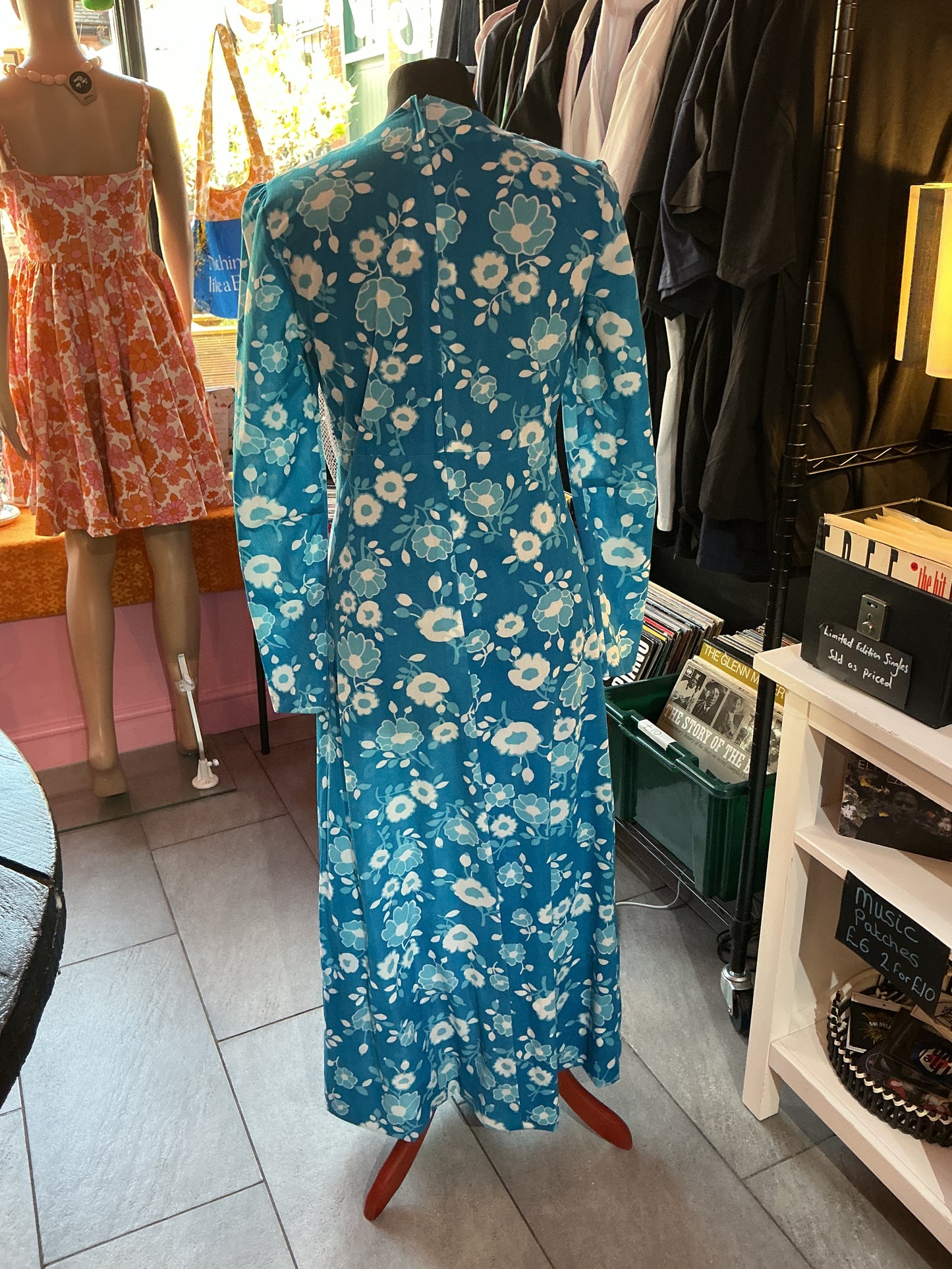 1970s Vintage Blue Floral Devonshire Lady Maxi Dress