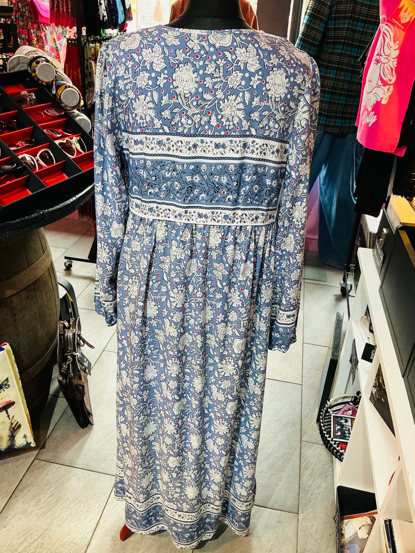 1970s Style Blue Boho Style Maxi Dress