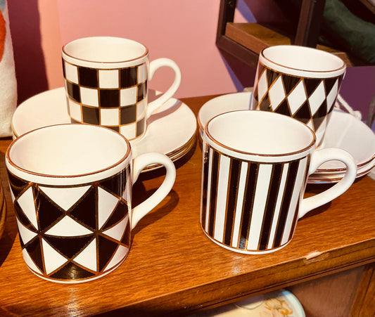 Vintage 1970s Monochrome Set of 4 Hornsea Pottery Silhouette Espresso Coffee Cups and Saucers