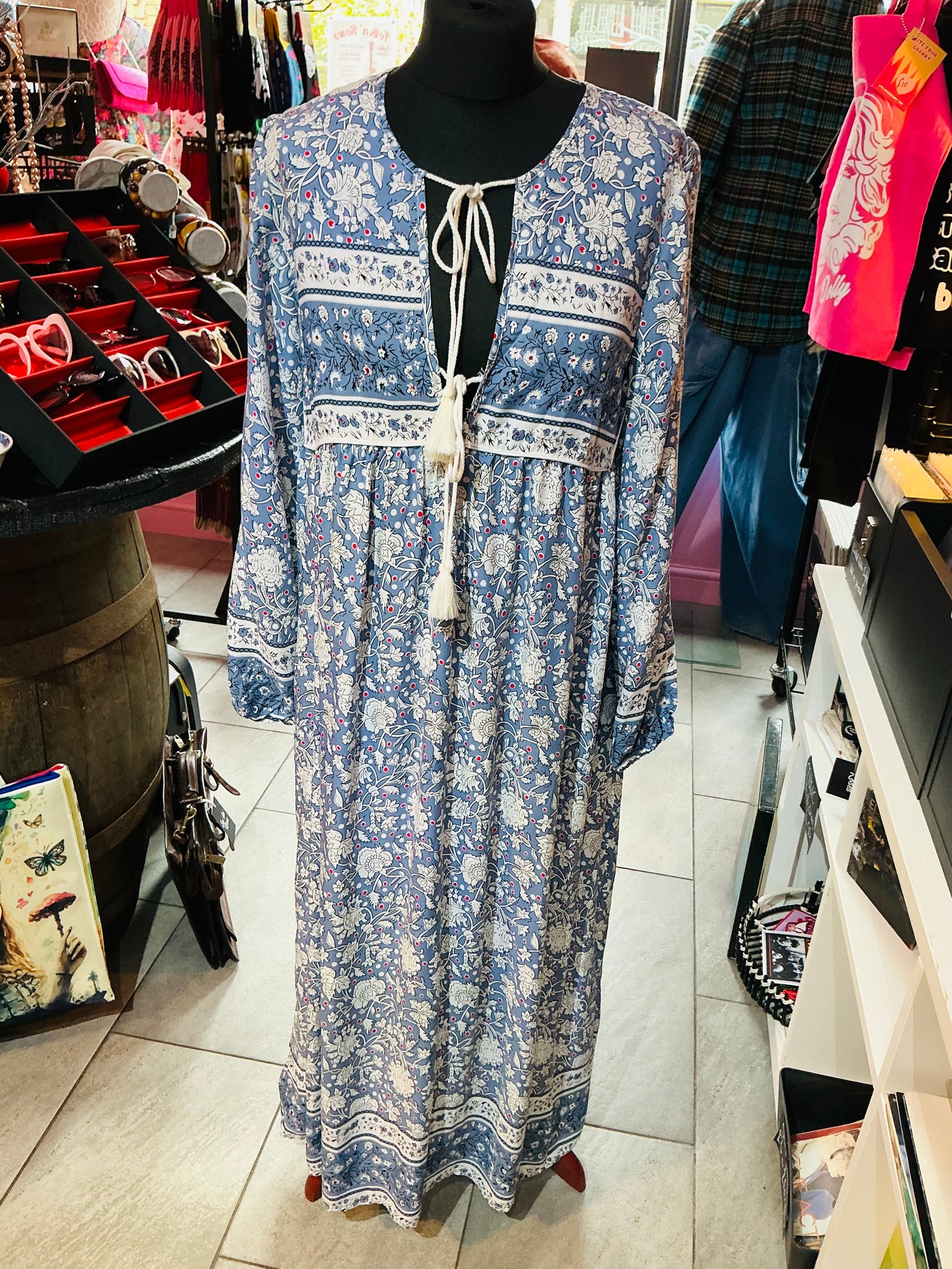 1970s Style Blue Boho Style Maxi Dress