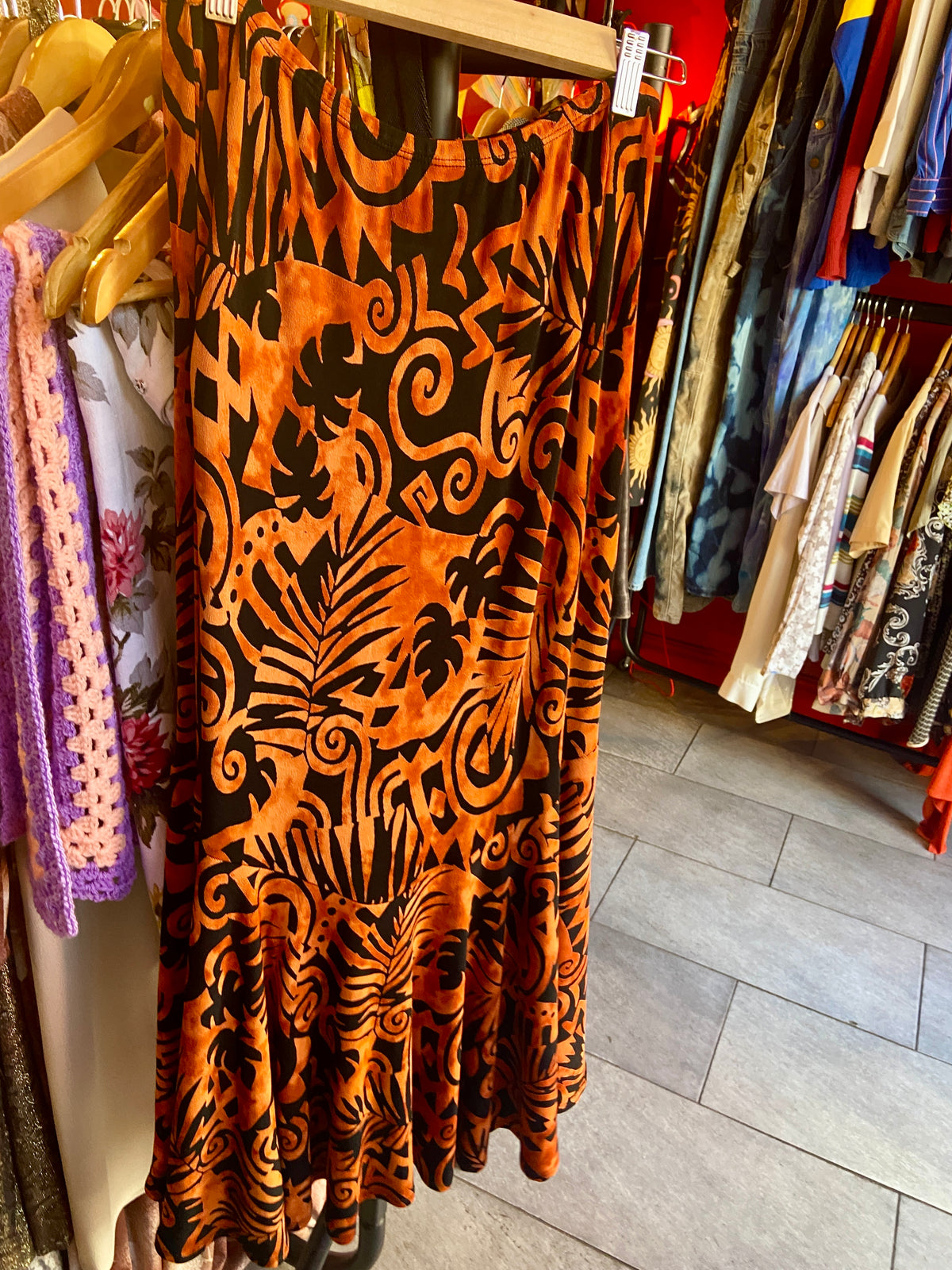 Orange and Black Swirl Print Long Skirt