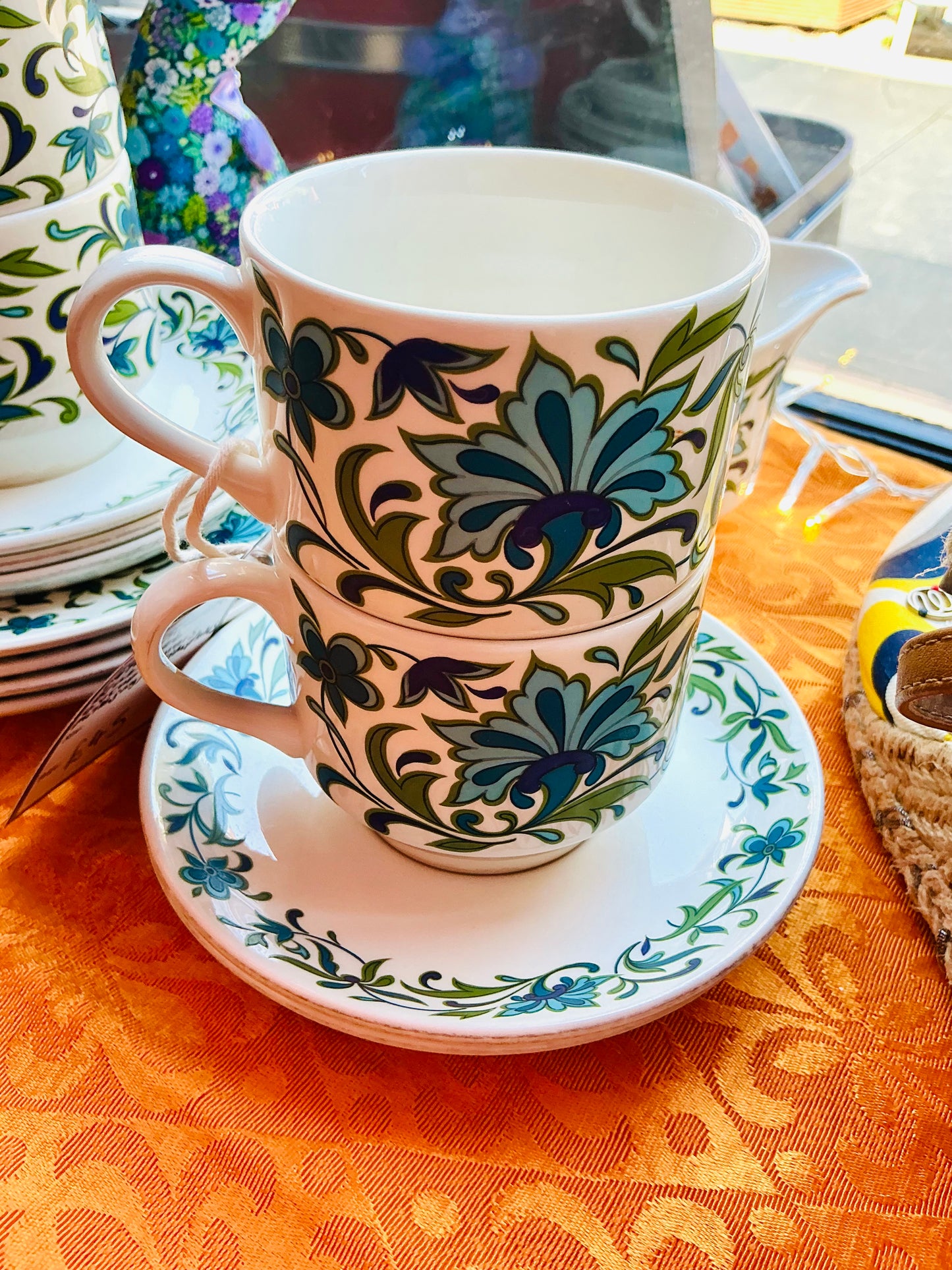 1970s Midwinter Blue Floral Tea Cup and Saucer Set