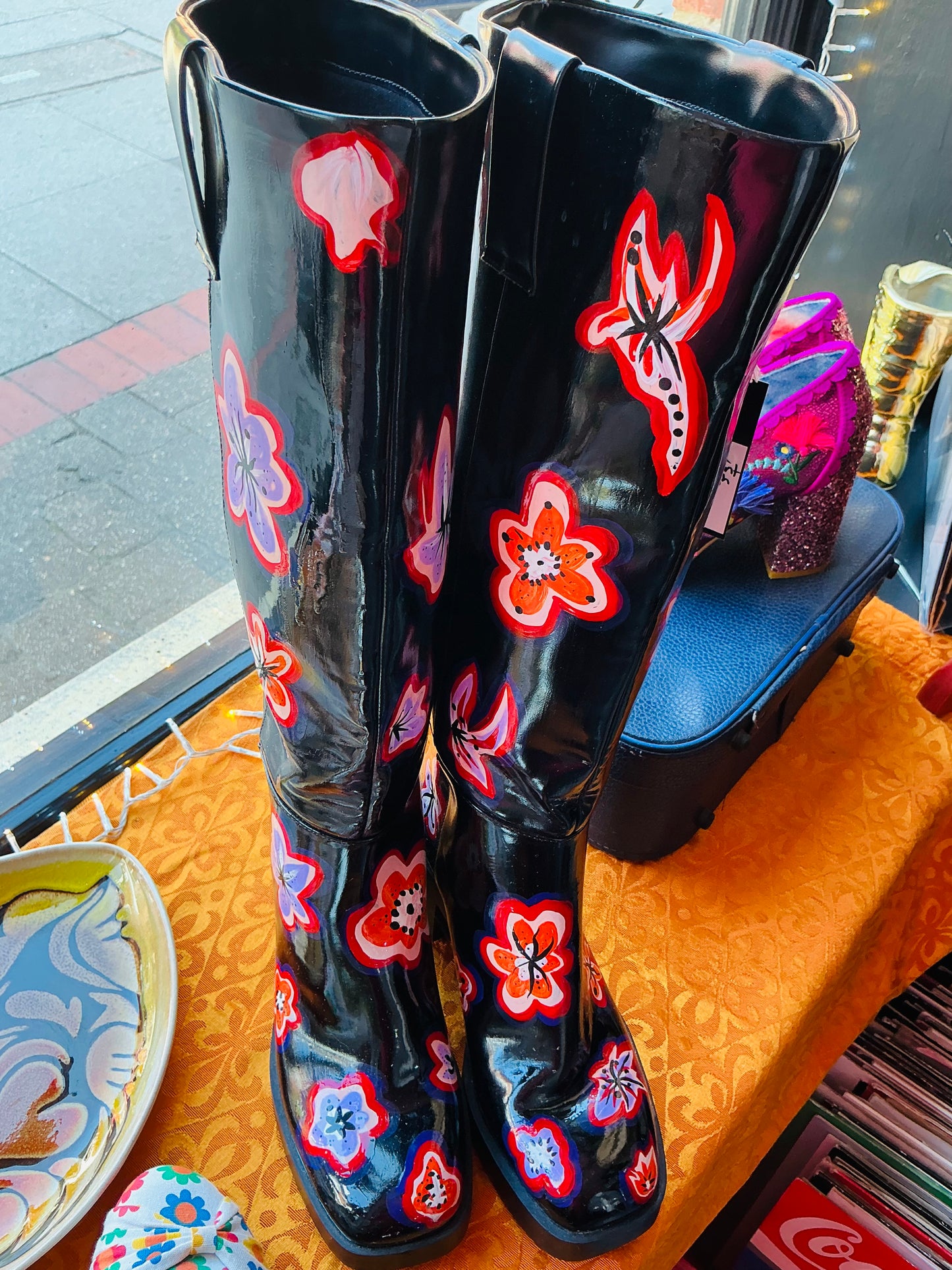 Hand painted Black Patent Boots with Retro Flower Design