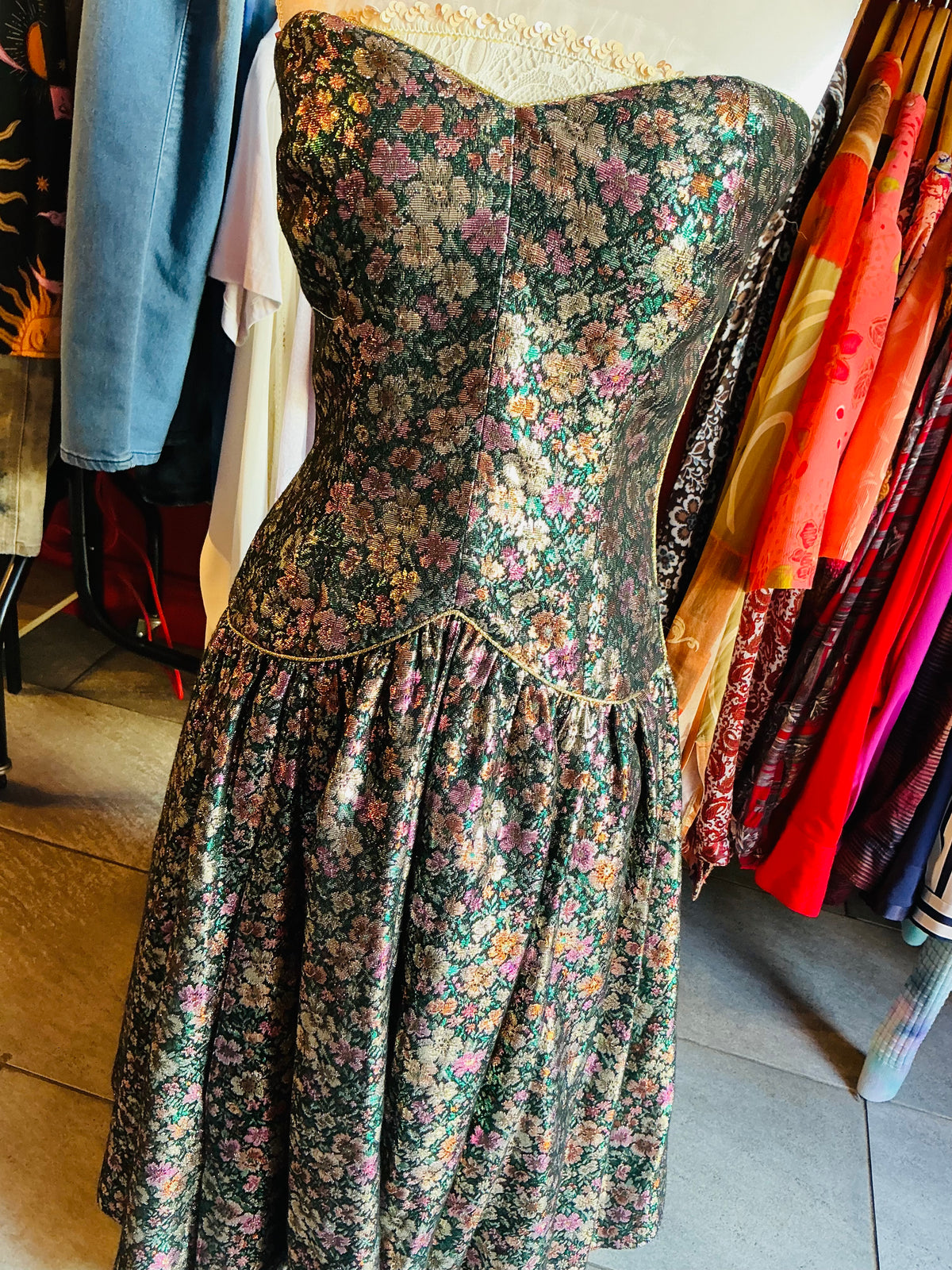 1980s Vintage Frank Usher Glittery Floral Strapless Cocktail Dress