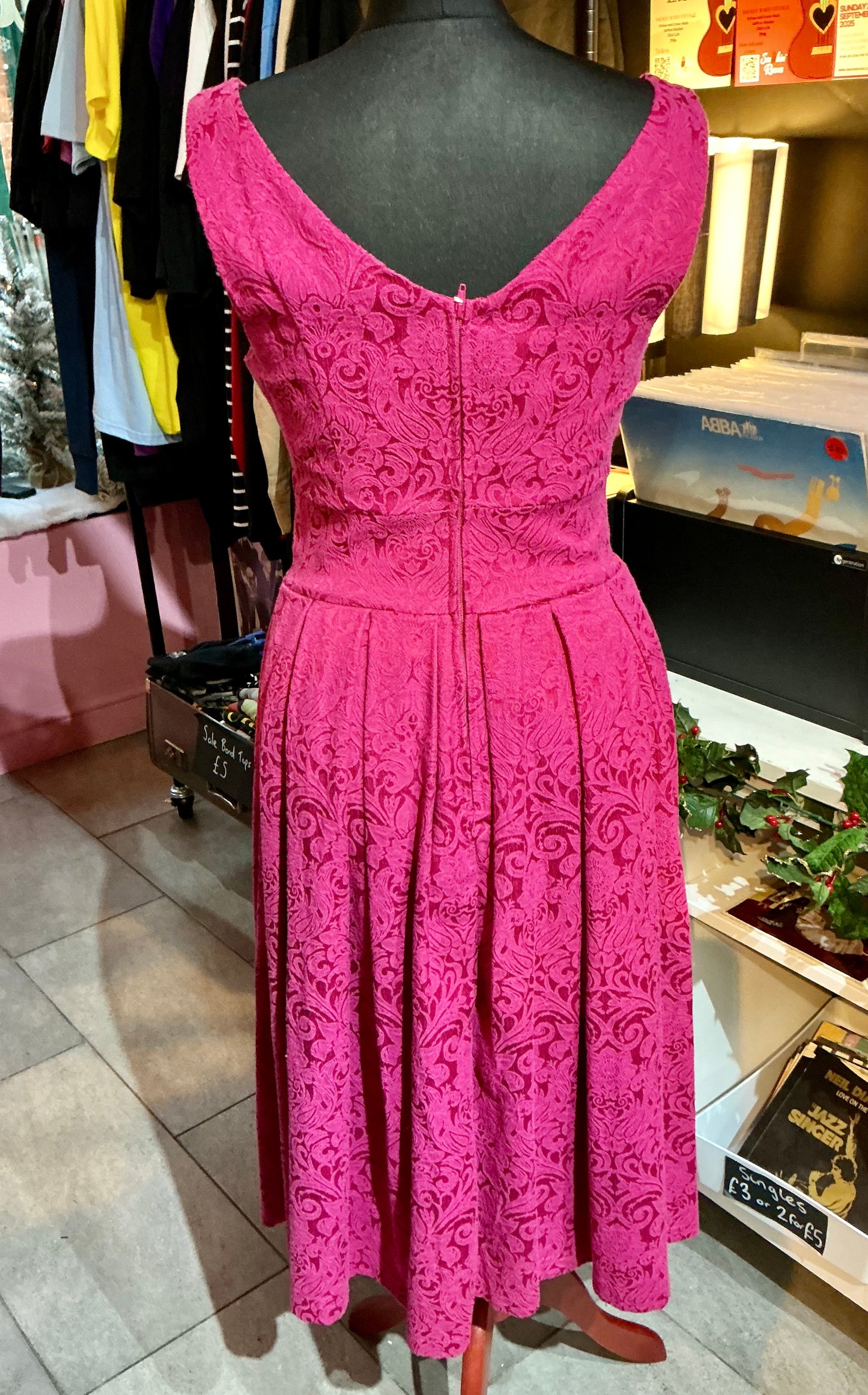 Fuchsia Pink Brocade Embroidered Lindy Bop A-line Dress