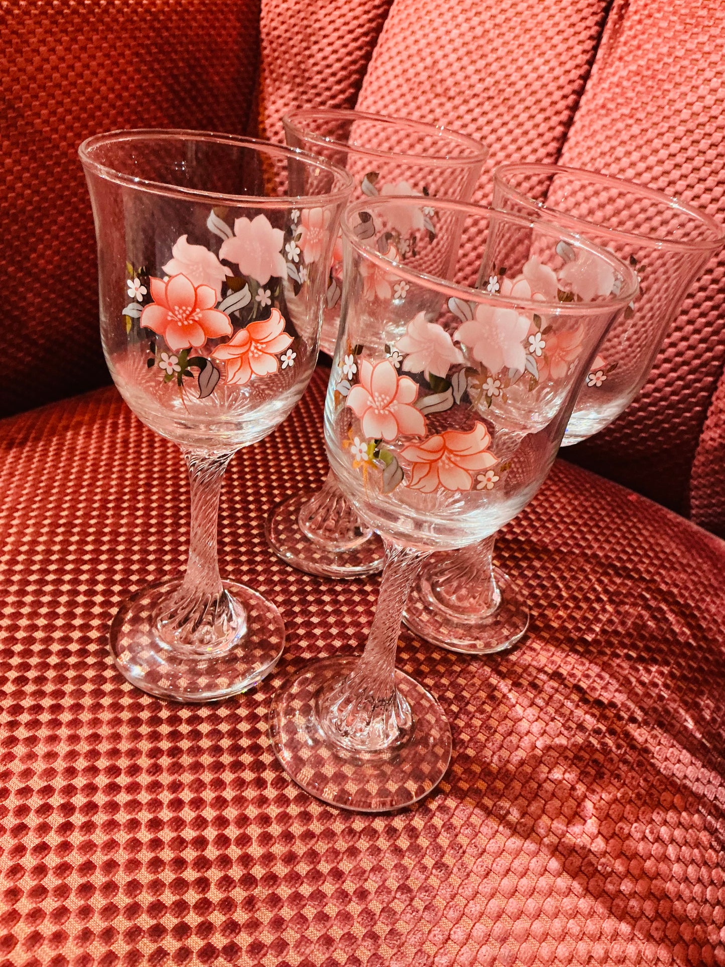 1980s Luminarc Japanese Floral Twisted Stem Glasses