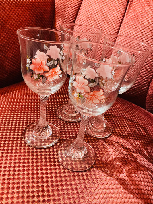 1980s Luminarc Japanese Floral Twisted Stem Glasses