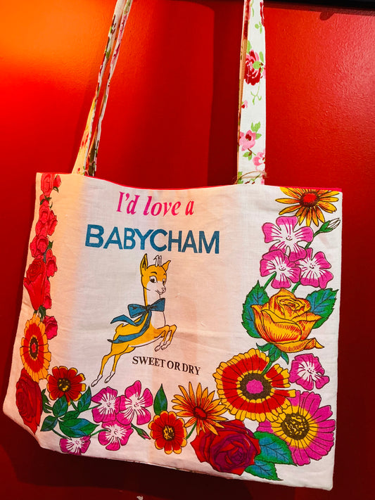 Handmade ‘I’d Love a Babycham’ Vintage Fabric Tote Bag