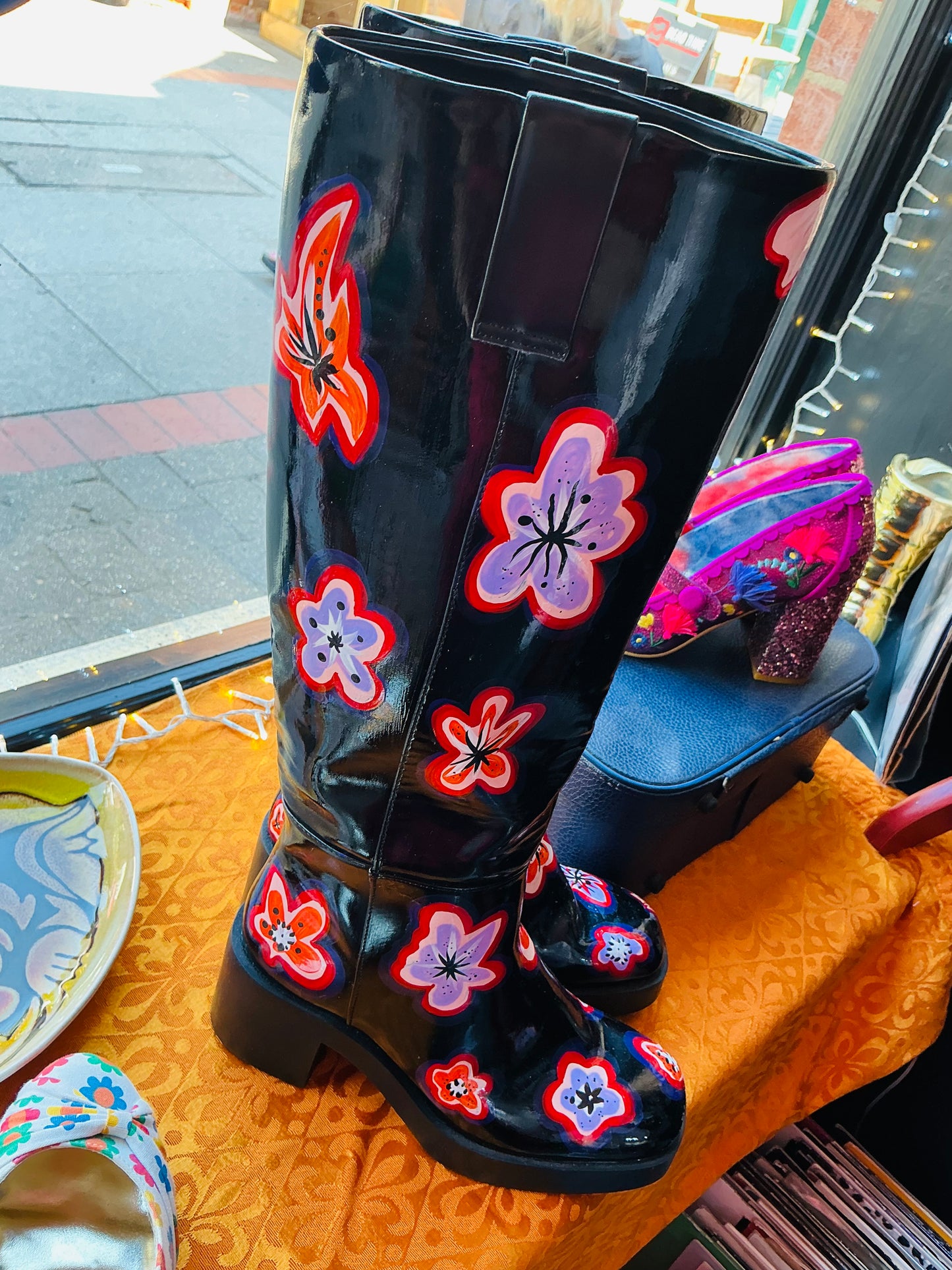 Hand painted Black Patent Boots with Retro Flower Design