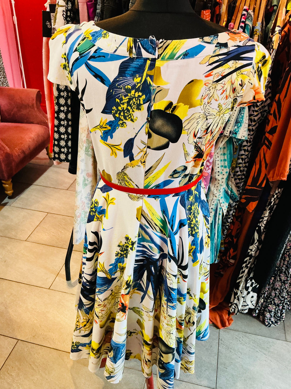 1950s Style Yellow and Blue Floral Swing Dress