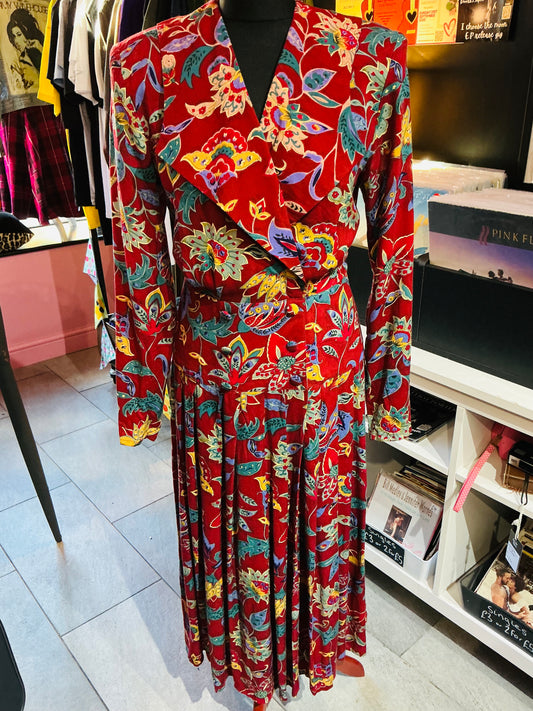 1970s Style Vintage George Burgundy Paisley Long Sleeve Dress