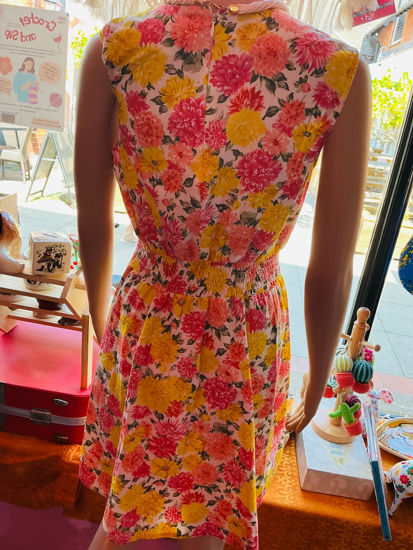 1960s Style Trollied Dolly Pink and Yellow Floral Summer Dress