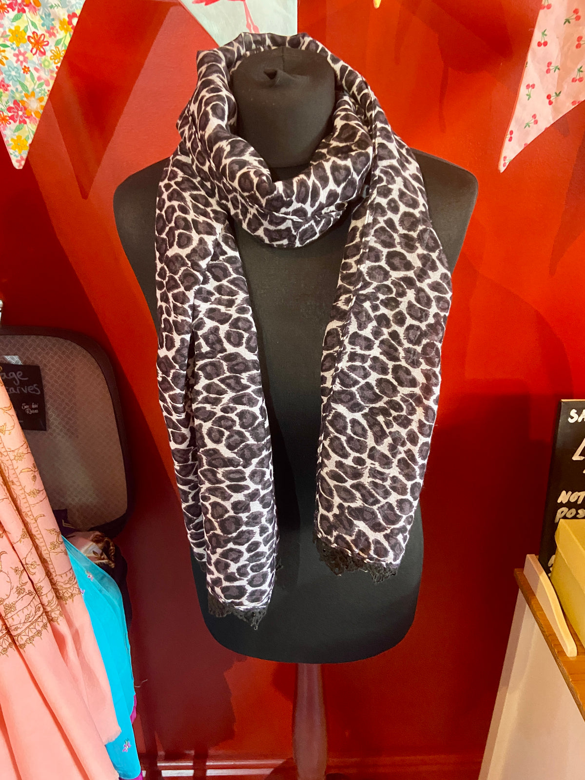 Leopard Print Scarf with Lace Trim