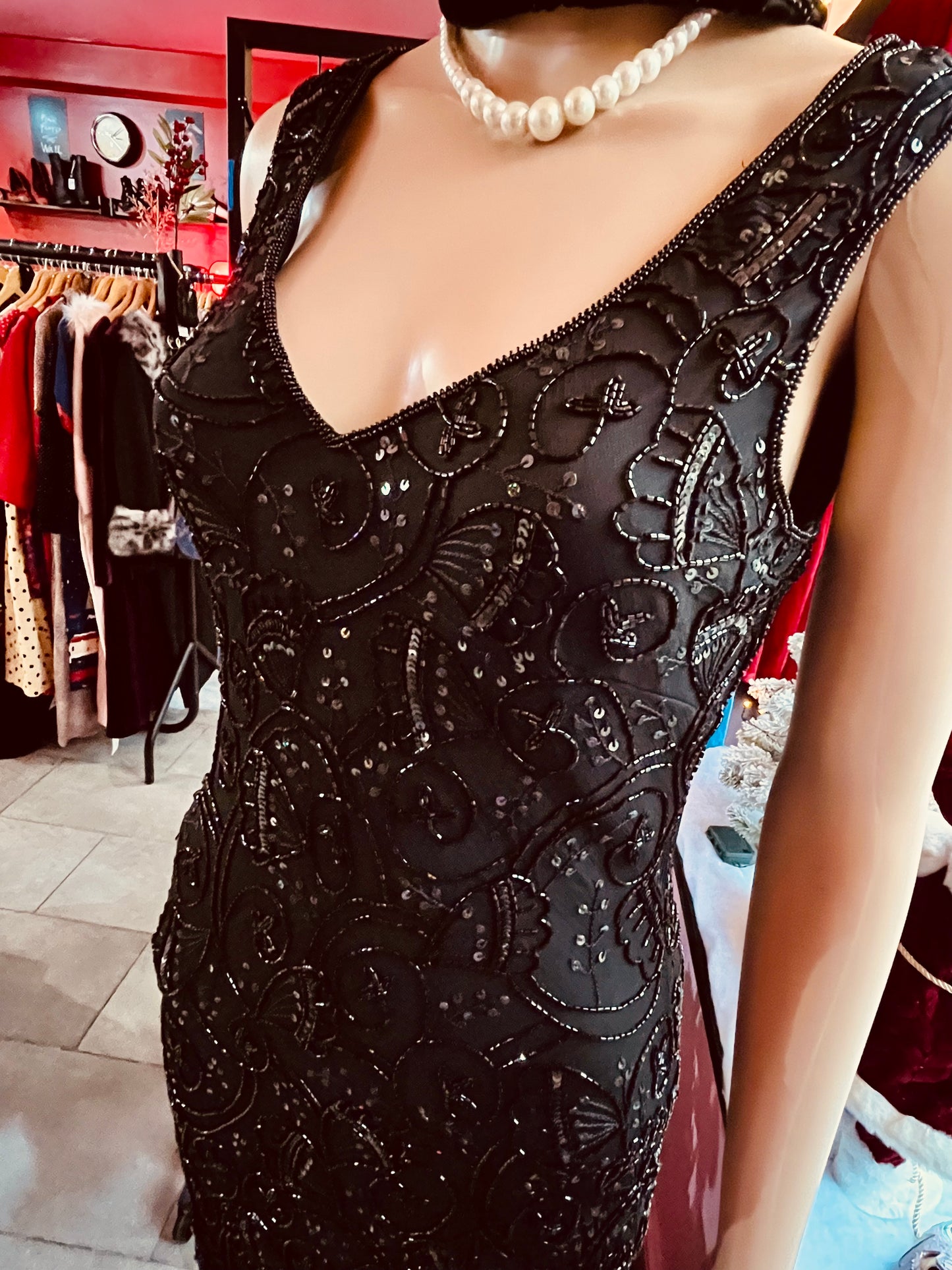 1960s Original Vintage Black Sparkly Beaded Cocktail Dress
