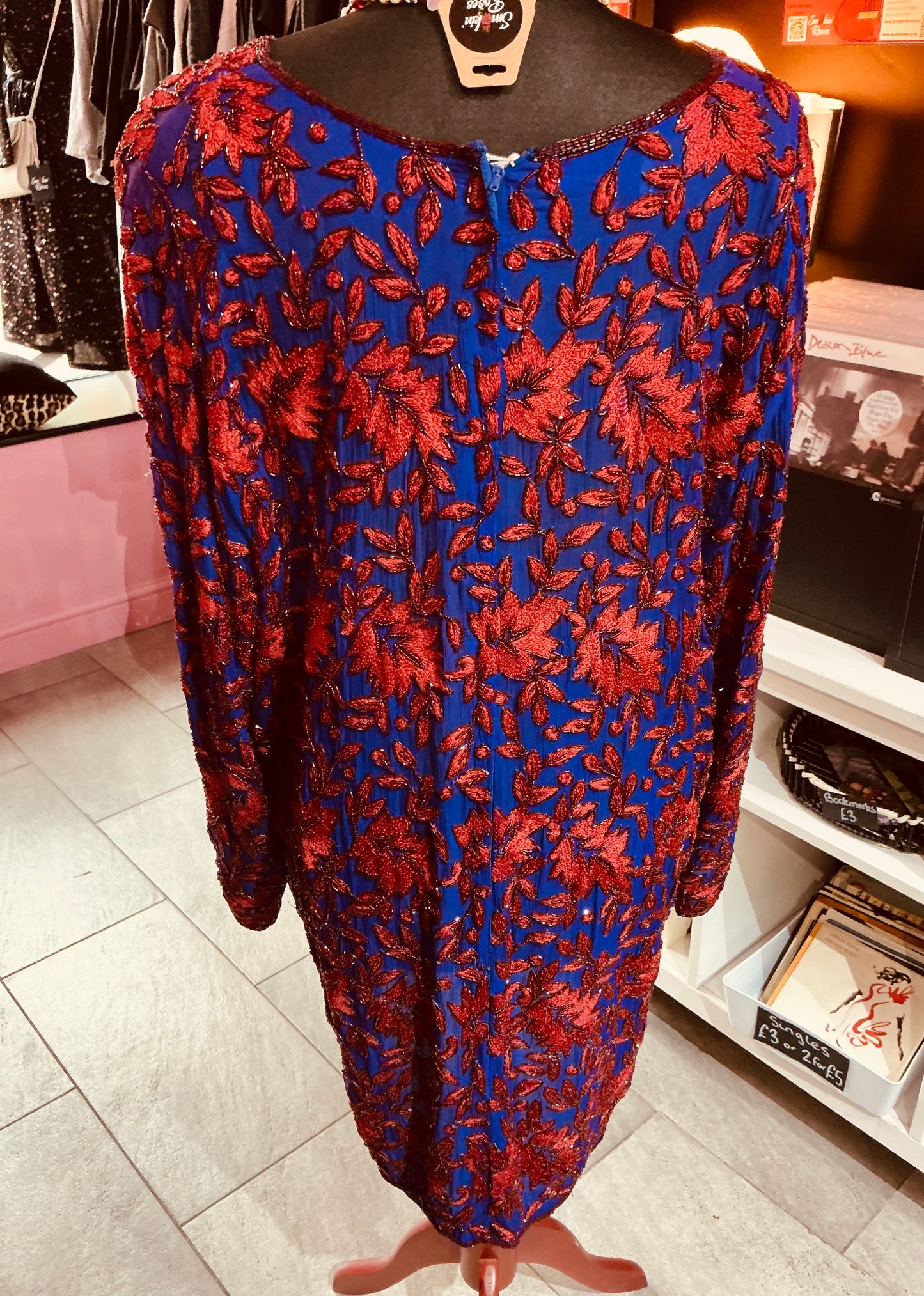 1980s Vintage Oliver James Purple and Red Beaded Party Dress- Size 18