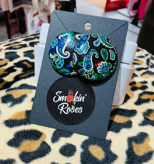 Turquoise Green Paisley Large Stud Earrings