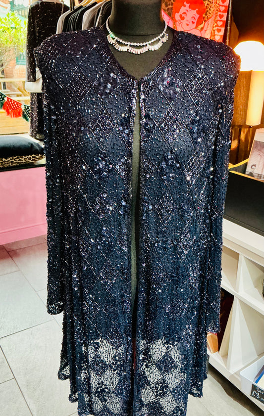 1980s Vintage Frank Usher Navy Glittery Beaded Jacket