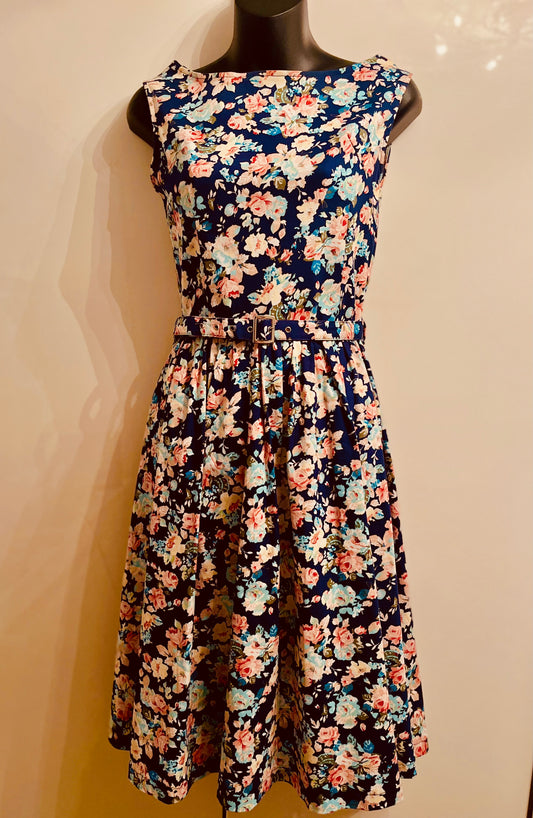 Pretty Floral Navy Lindy Bop Belted Swing Dress