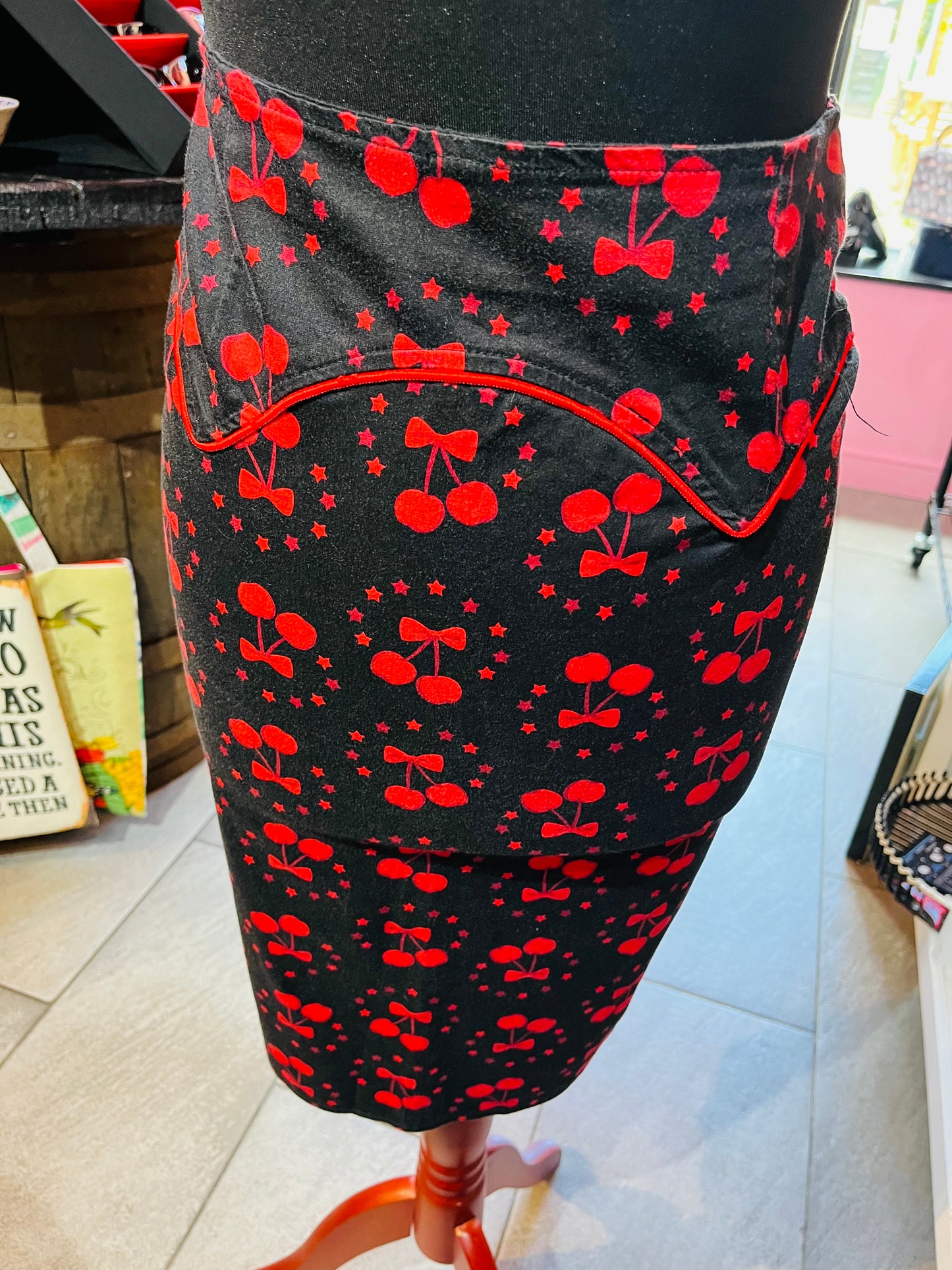 Collectif London Black Cherry Print Pencil Skirt