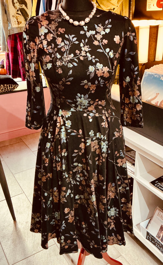 Hearts and Roses 1950s Style Black Silver Leaf Swing Dress