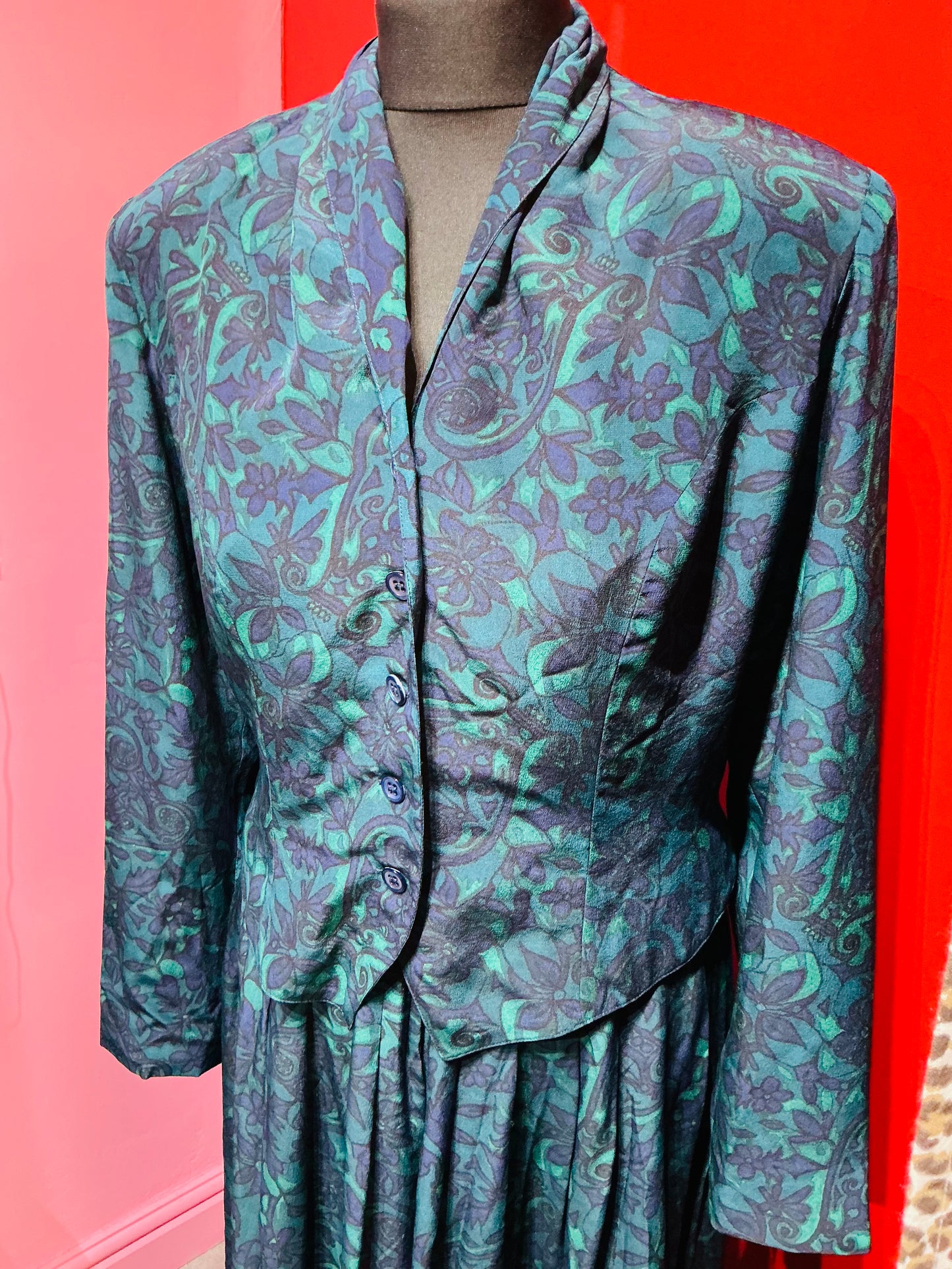 1970s Monsoon Silk Turquoise Paisley Blouse and Skirt Set