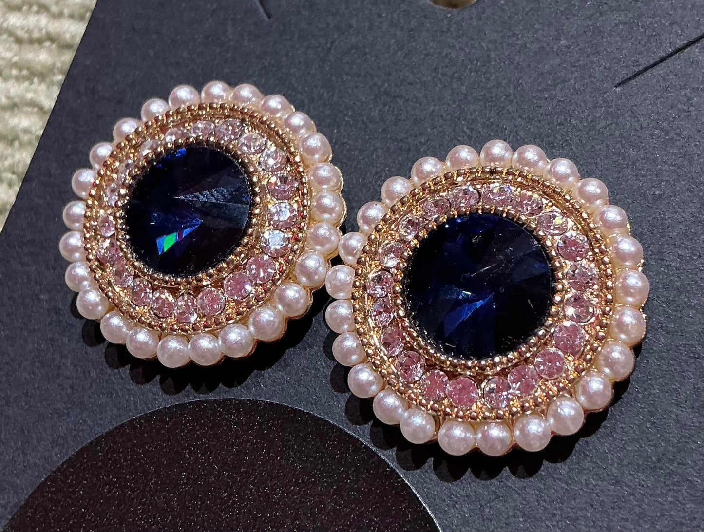 1980s Vintage Large Circle Studs with Pearls and Blue Crystal 