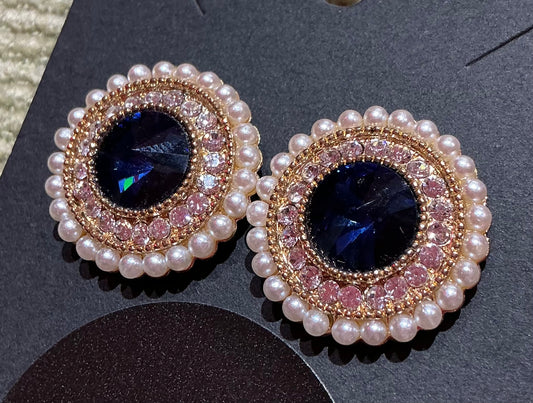 1980s Vintage Large Circle Studs with Pearls and Blue Crystal 