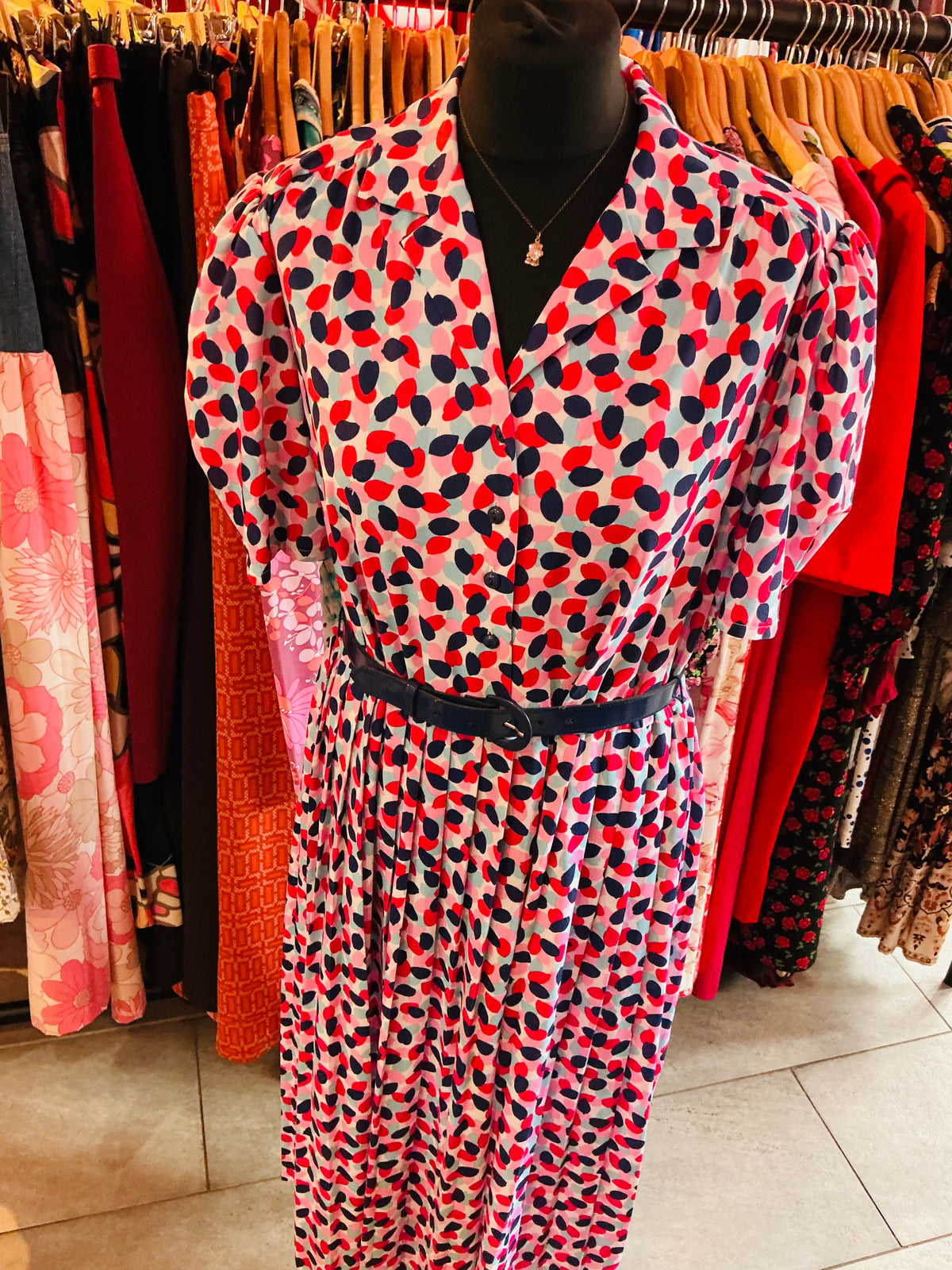 1980s Vintage Pink, Blue and Red Retro St Michael Tea Dress