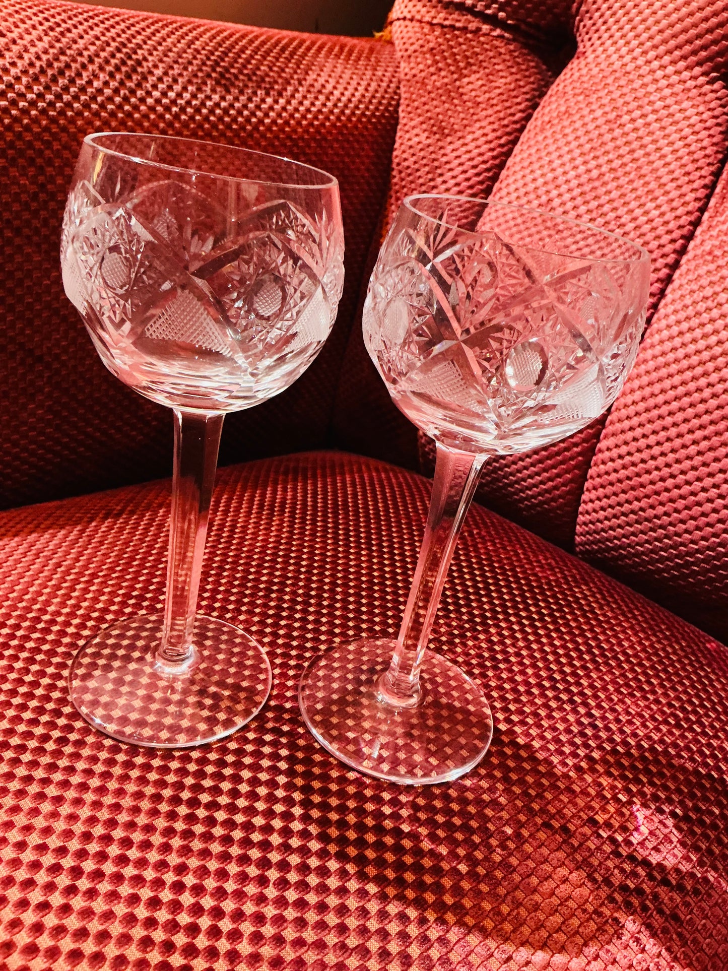 Set of Two Cut Glass Crystal Wine Glasses
