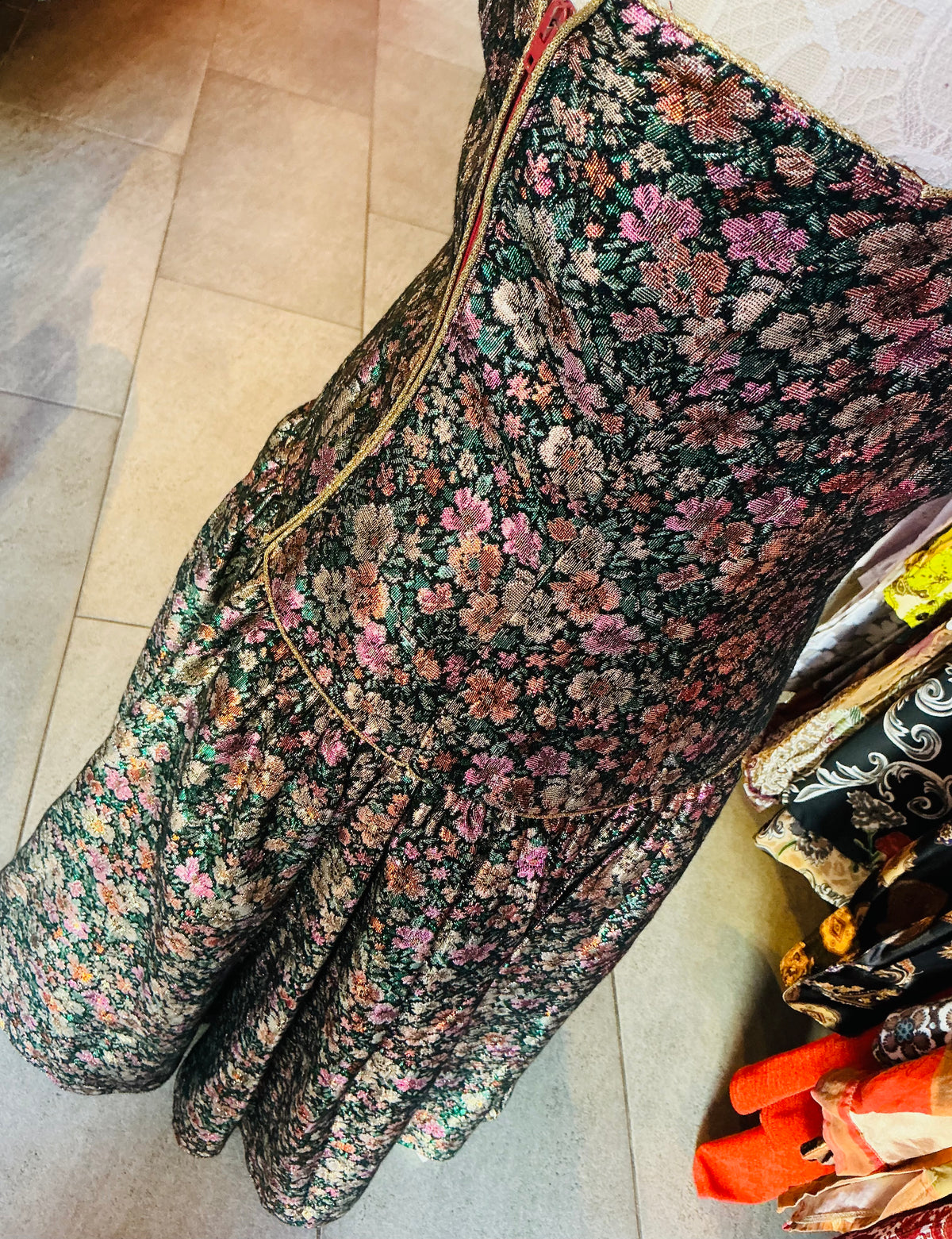 1980s Vintage Frank Usher Glittery Floral Strapless Cocktail Dress