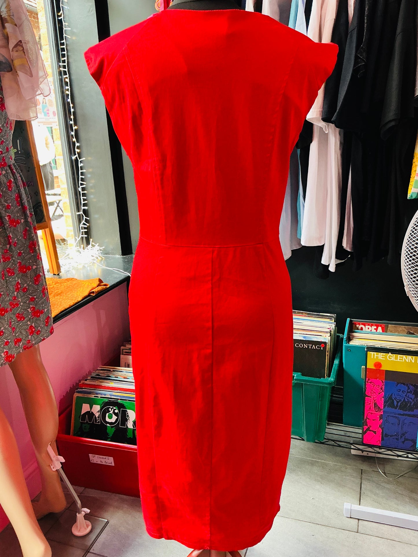 1950s Style Hearts & Roses Red Pencil Dress