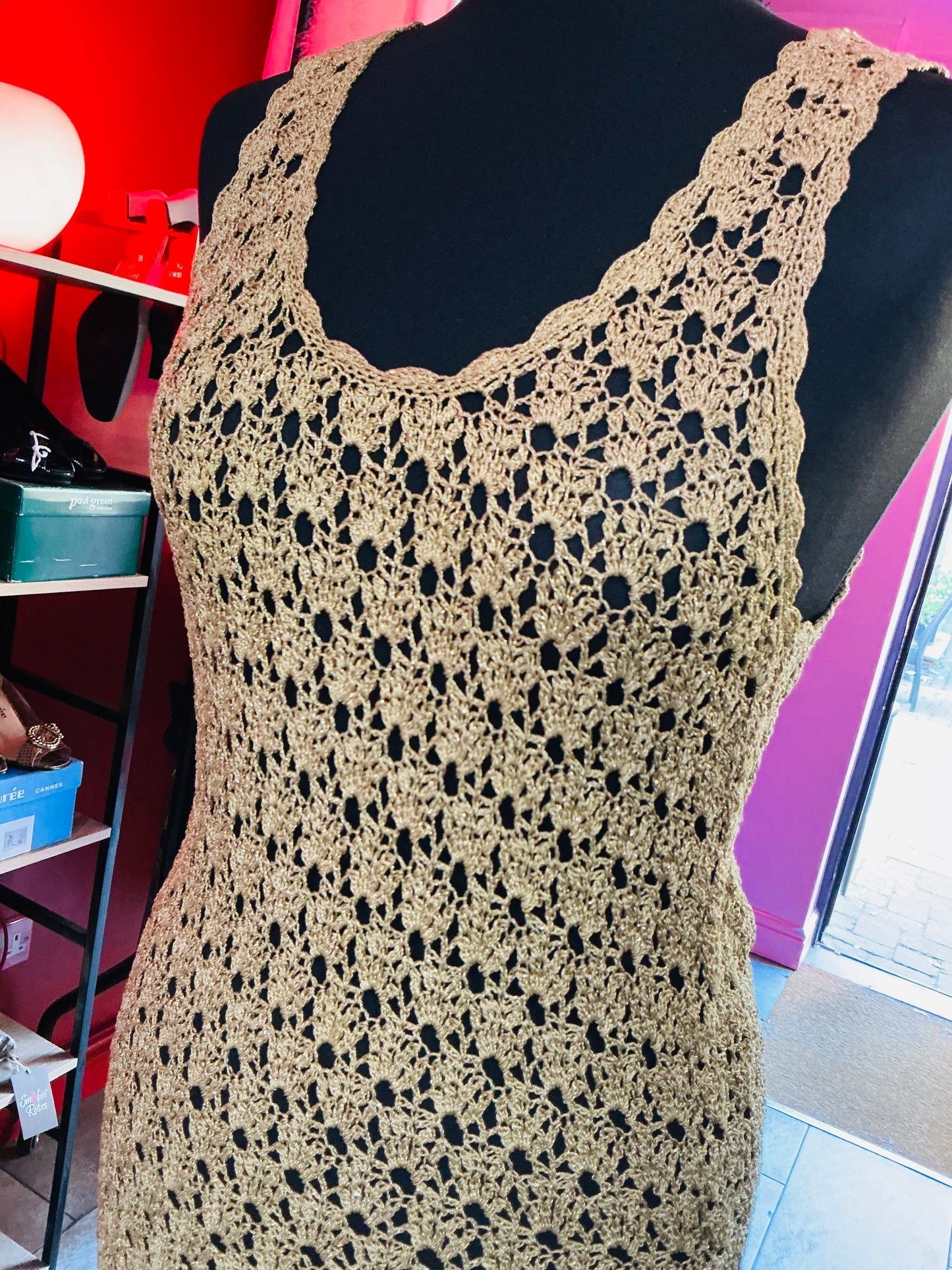 1990s Vintage Principles Gold Crochet Slip Dress