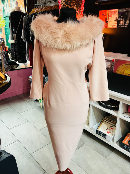 Baby Pink British Retro Faux Fur Wiggle Dress- Size 16