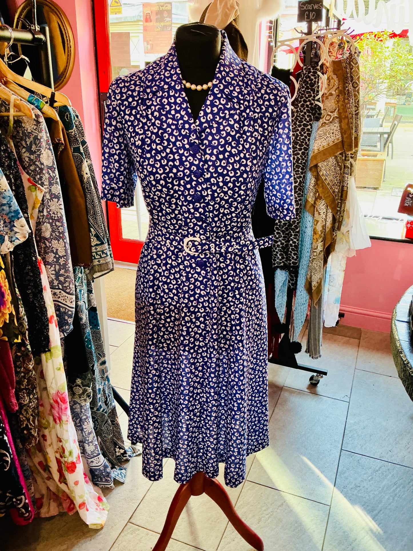 1980s Vintage Richard Stump Blue Tea Dress with Belt
