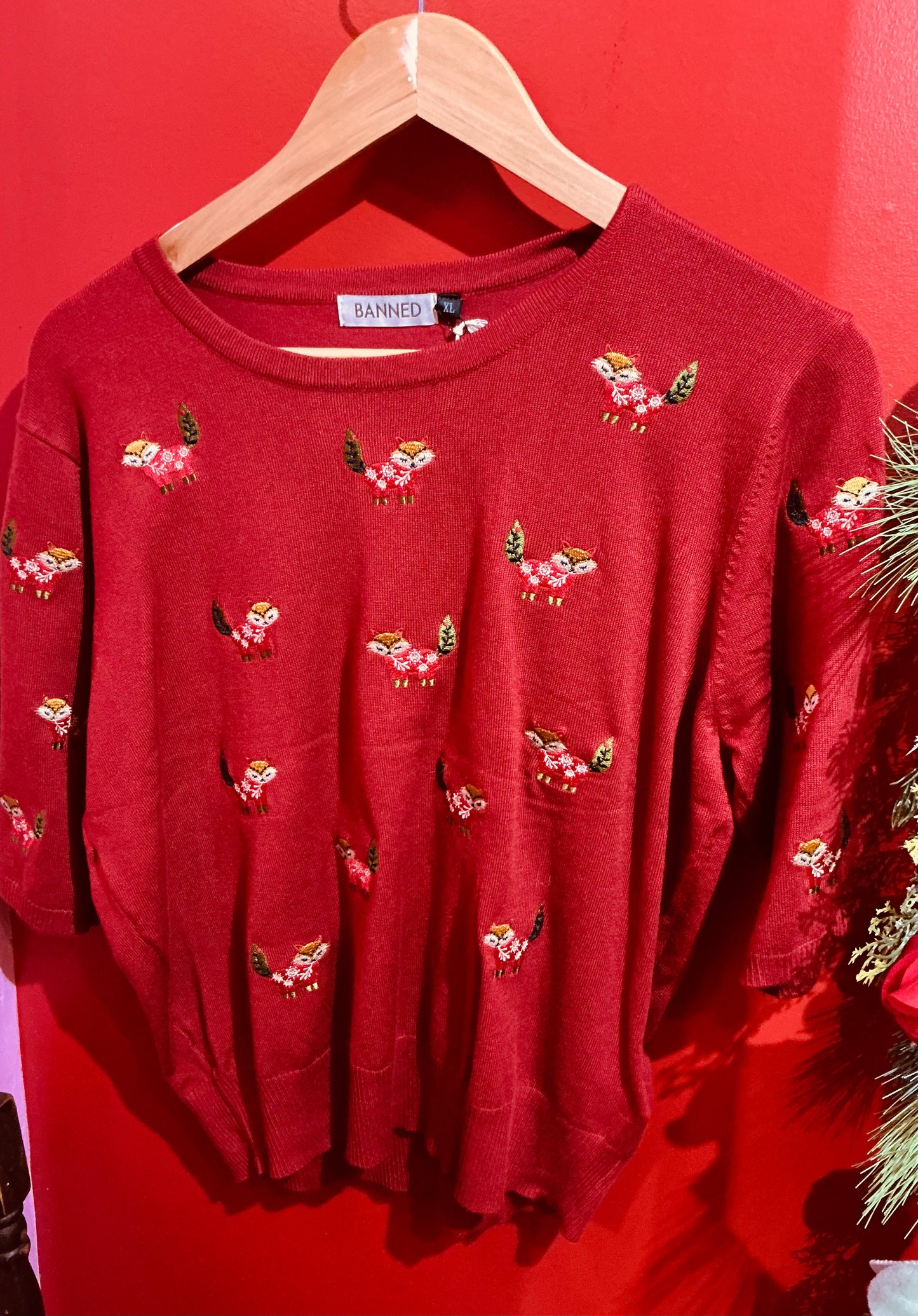 Banned Apparel Scandi Fox Christmas Jumper- Green/Red